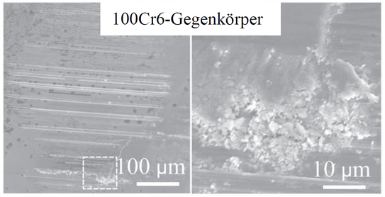 Abbildung der REM-Aufnahmen der Verschleißspur mit MoSX-Transferfilm auf einem 100Cr6-Gegenkörper