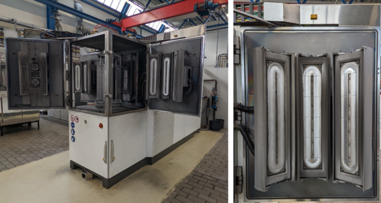 PVD-Beschichtungsanlage CC800/9 der Firma CemeCon AG mit Nahaufnahme der Targets auf den Magnetron-Kathoden