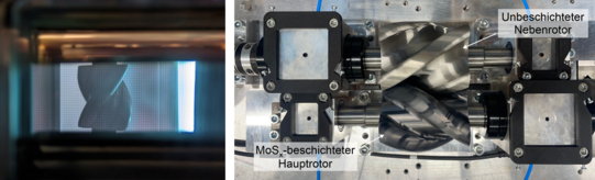 Schauglas-Sicht ins Innere des PVD-Prozesses während der MoSx-Beschichtung (links) und eigens konzipierter Rotorprüfstand für die Analyse des tribologischen Verhaltens der MoSx-beschichteten Hauptrotoren