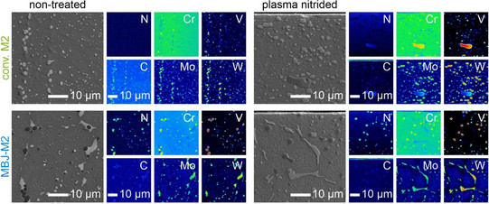 REM-Querschliffaufnahmen mit WDS-Elementverteilungsbildern (N, C, Cr, Mo, V und W) von konventionell hergestelltem AISI M2 (conv. M2) und MBJ-gedrucktem AISI M2 (MBJ-M2) im unbehandelten und plasmabehandelten Zustand.