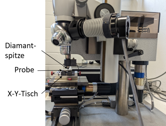 Seitenansicht des Scratchtesters mit Diamantspitze, Probe und X-Y-Tisch